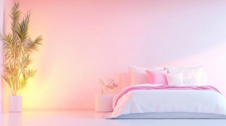 This beautiful bedroom showcases a serene atmosphere with soft pink lighting, minimalistic decor, and a charming indoor plant, creating a perfect relaxation space.の素材