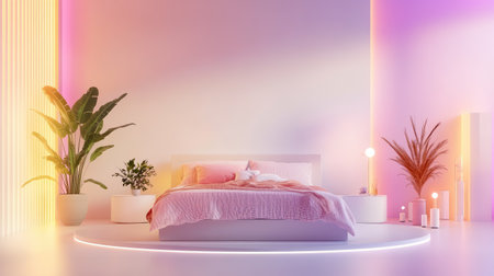 A cozy and modern bedroom interior that features soft lighting, stylish furniture, and vibrant plants, creating a tranquil atmosphere for relaxation.の素材