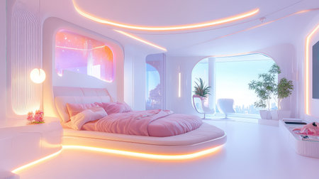 This modern minimalist bedroom features a cozy ambiance filled with bright colors and a futuristic design, perfect for relaxation and style.の素材