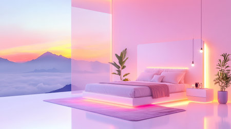 A stylish bedroom featuring soft pink lighting, a cozy bed, and a stunning mountain view at sunset, creating a tranquil and inviting atmosphere.の素材