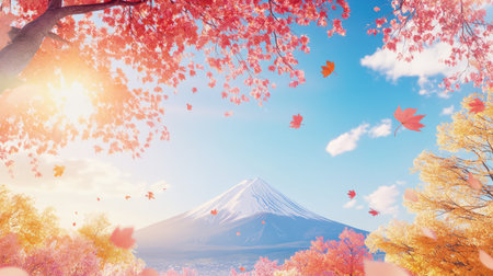Experience the stunning beauty of Mount Fuji framed by vibrant autumn foliage under a bright blue sky, creating a serene and picturesque landscape.の素材