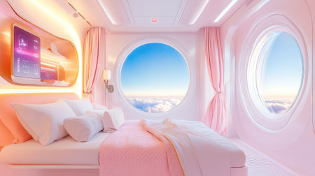 This cozy futuristic bedroom features large round windows revealing stunning clouds and blue skies, combining modern design elements with soft pastel tones.の素材