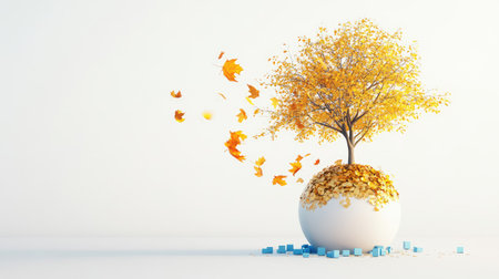 An artistic representation of a vibrant tree nestled in a sphere, surrounded by colorful autumn leaves falling gently, symbolizing seasonal change and beauty.の素材