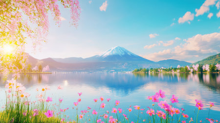 Experience a serene spring scene featuring Mount Fuji, blooming cherry blossoms, and a tranquil lake reflecting the vibrant sky and sunlight.の素材
