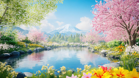 A tranquil spring landscape featuring cherry blossoms, vibrant flowers, and a majestic mountain reflecting in calm waters under a clear blue sky.の素材