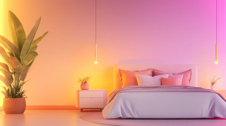A serene modern bedroom showcasing soft lighting, lush greenery, and minimal decor, perfect for relaxation and contemporary lifestyle inspiration.の素材