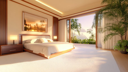 This image depicts a modern and bright bedroom featuring large windows that open to a lush tropical landscape at sunrise, promoting relaxation and serenity.の素材
