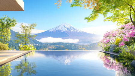 Experience the serene beauty of nature with a stunning view of Mount Fuji reflected in a tranquil pool, surrounded by vibrant flowers and greenery.の素材