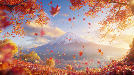 Experience the captivating beauty of an autumn landscape featuring radiant red maple leaves and a stunning mountain peak under a clear blue sky.の素材