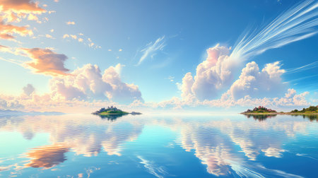 This captivating landscape features vibrant clouds reflecting on serene water, creating a tranquil scene with two small islands, perfect for relaxation and escape.の素材
