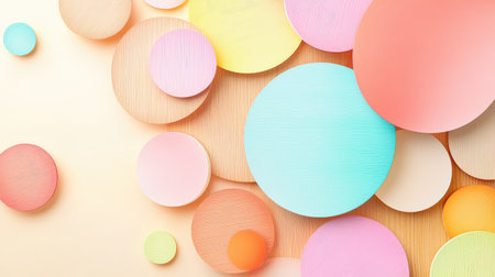 This image showcases a lively composition of colorful abstract circles in soft pastel shades, perfect for modern design projects or background settings.の素材