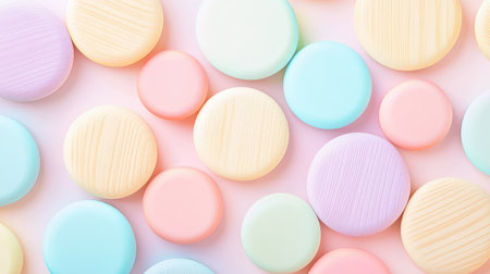 A vibrant collection of pastel-colored wooden circles arranged on a white background, perfect for use in design projects, art crafts, and creative layouts.の素材