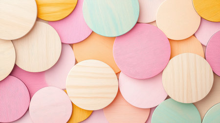 This vibrant and colorful texture features a variety of wooden circles in soft pastel shades. Ideal for backgrounds, crafts, and creative projects.の素材