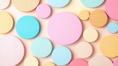 This vibrant arrangement of colorful pastel circles in varying sizes creates a cheerful and playful aesthetic. Perfect for art and design projects.の素材