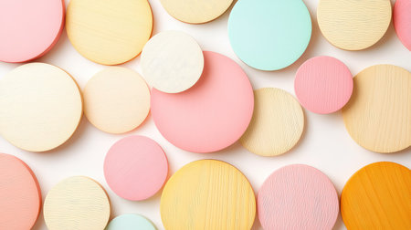 A collection of colorful round wooden shapes in pastel hues arranged artistically on a clean white backdrop. Perfect for creative projects and designs.の素材