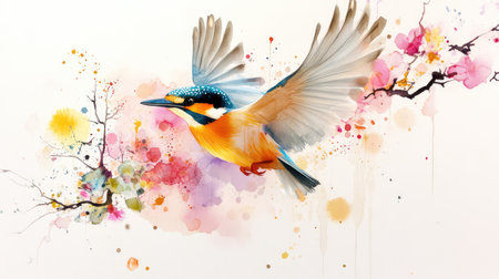 A stunning watercolor illustration of a kingfisher in mid-flight, surrounded by delicate floral elements and vibrant splashes of color that evoke nature's beauty.の素材