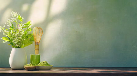 A serene and aesthetically pleasing setup featuring matcha tea preparation with a whisk and fresh flowers, perfect for promoting wellness and relaxation.の素材