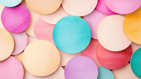 A vibrant collection of colorful circular discs in various shades, artistically arranged to create a playful and lively backdrop for creative designs.の素材