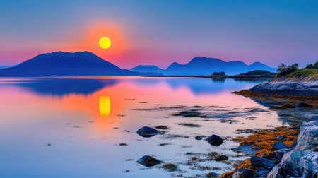 A breathtaking sunset casts vibrant colors over tranquil waters, reflecting mountains and creating a serene atmosphere perfect for relaxation and contemplation.の素材