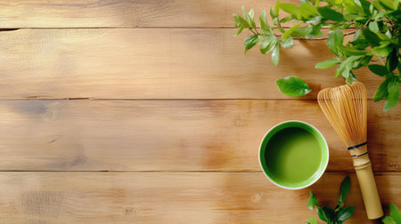 A serene and inviting scene featuring matcha tea preparation on a rustic wooden surface, showcasing a bamboo whisk, fresh green leaves, and a delicate cup.の素材