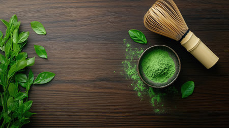 An inviting scene featuring vibrant green matcha powder in a bowl, a traditional whisk, and fresh leaves on a wooden surface. Ideal for culinary inspirations.の素材