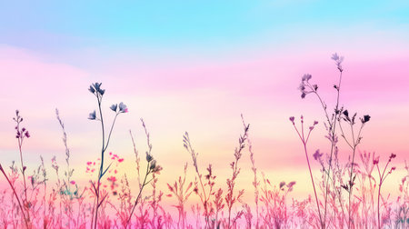 A serene meadow at dusk showcases delicate wildflowers against a stunning pastel gradient sky. Ideal for evoking peace and tranquility in visual narratives.の素材
