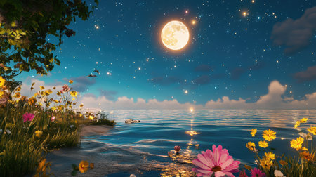 A serene night scene featuring a full moon illuminating calm waters, surrounded by vibrant flowers and a star-filled sky, capturing nature's beauty.の素材