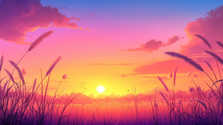 A breathtaking view of a vibrant sunrise illuminating a vast grassland, featuring a stunning array of colors painting the sky. The tall grass gently sways in the foreground, creating a calm and peaceful atmosphere perfect for nature lovers and landscape enthusiasts.の素材