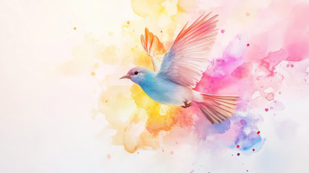 A mesmerizing blue bird soars gracefully through a spectrum of soft watercolor splashes, creating an inspiring and joyful artistic scene filled with vibrant colors.の素材