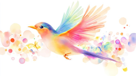 This vibrant and enchanting watercolor illustration features a gracefully flying bird against a soft, pastel background, conveying joy and beauty.の素材