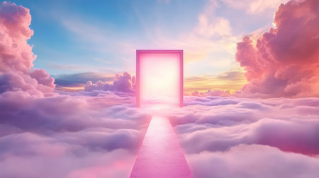 A stunning ethereal scene featuring a glowing portal amidst fluffy clouds at sunset. Soft colors create a serene and dreamlike atmosphere inviting exploration and wonder.の素材
