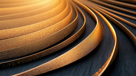This close-up image showcases a series of metallic spiral lines with a warm glow, emphasizing texture and elegance on a dark surface. Ideal for creative projects.の素材