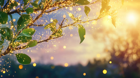 A serene nature scene featuring delicate leaves on a branch, illuminated by magical glowing lights and soft evening sunlight creating a dreamy atmosphere.の素材