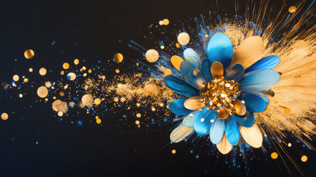 This stunning image features a vibrant blue flower accentuated with golden details and sparkling elements, creating a vivid explosion of color and beauty.の素材