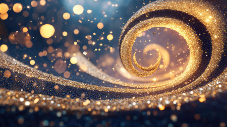 This stunning image features vibrant golden swirls and shimmering lights, creating an enchanting abstract scene perfect for festive themes and celebrations.の素材