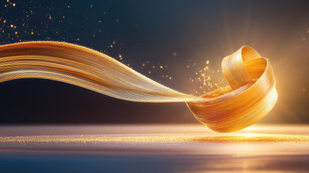 This stunning image features a flowing golden ribbon surrounded by sparkling light against a vibrant backdrop, ideal for artistic and luxury themes.の素材