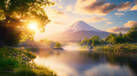 Breathtaking view of Mount Fuji at sunrise, reflecting in a serene lake surrounded by lush greenery and blooming flowers, capturing nature's beauty.の素材
