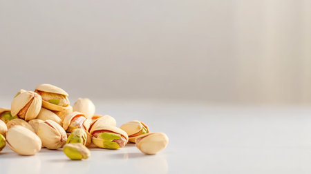 A close-up of fresh pistachio nuts scattered on a white surface, featuring their unique green colors and textures, perfect for healthy eating and culinary uses.の素材