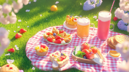 A delightful picnic scene featuring an assortment of fresh fruits, desserts, and refreshing beverages arranged on a checkered blanket under a sunny sky.の素材
