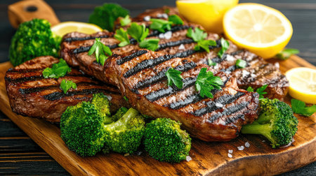 A beautifully arranged platter featuring grilled steak, fresh broccoli, and lemon slices, perfect for showcasing culinary skills and appealing meals.の素材