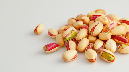 A vibrant pile of shelled pistachio nuts rests on a clean white background. Ideal for health-focused culinary uses, these nuts are rich in nutrients and perfect for snacking.の素材