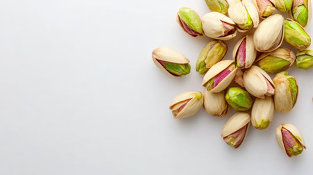 A vibrant collection of fresh raw pistachio nuts with shells against a clean white background, perfect for showcasing healthy snacks or culinary recipes.の素材