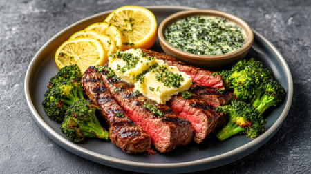 A beautifully plated grilled steak featuring rich colors and textures, complemented by lemon slices, herb butter, fresh broccoli, and savory sauce.の素材