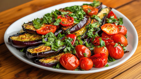 A vibrant plate of roasted eggplant and cherry tomatoes garnished with fresh herbs, perfect for summer meals or healthy dining options.の素材