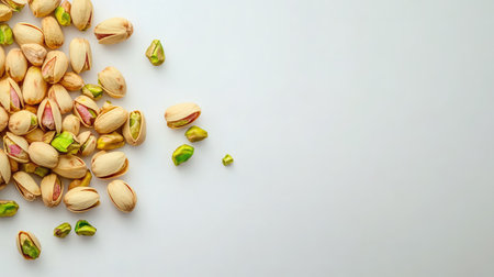 A delightful arrangement of shelled and unshelled pistachio nuts on a light background, perfect for food photography, health blogs, or culinary websites.の素材