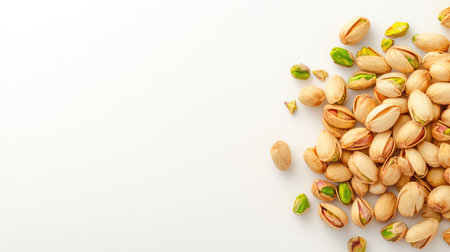A beautifully arranged selection of shelled and unshelled pistachio nuts on a light background, showcasing their rich textures and natural colors.の素材