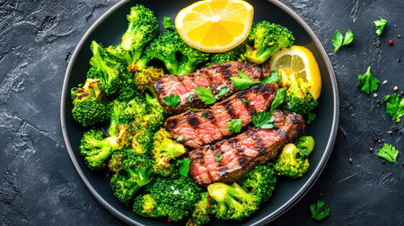 A beautifully arranged dish featuring grilled steak served with vibrant broccoli and fresh lemon slices on a dark plate. Perfect for healthy dining.の素材