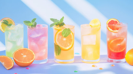 A vibrant array of colorful drinks featuring citrus fruits and fresh mint, perfect for summer gatherings and outdoor parties. Refreshing and visually appealing.の素材