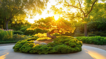 A stunning bonsai tree stands majestically at sunset, bathed in golden sunlight. This tranquil garden scene embodies peace and natural beauty, inviting contemplation.の素材