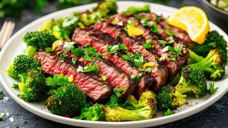 A beautifully arranged dish featuring grilled steak served with tender broccoli and a slice of lemon, perfect for a health-conscious meal.の素材
